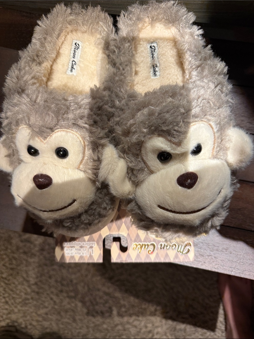 Plush Monkey Face Slippers in Taupe & Cream